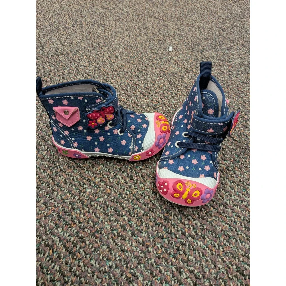 Enari‎ Toddler Girls Floral Butterfly High Top Canvas Sneakers Navy Pink Size 7